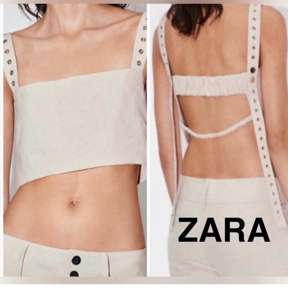 ZARA Limited Edition Linen Blend Crop Top  Hanging Strap Detail - Size S…